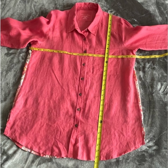 Karyn Seo Boho Tunic Handmade 100% Linen Shirt Large Coral Buttons Floral Back - Picture 7 of 10